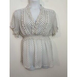 Torrid Blouse Ruffle Trim Button Up Short Sleeve Size 1/1X White Black Polka Dot